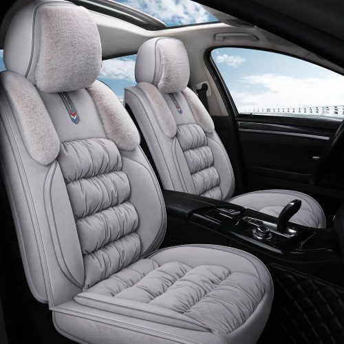 Fuzzy Leather Car Seat Covers, Heated Front Bench Back Cushion Protector for Cars SUV Trucks (Front seat, Grey)